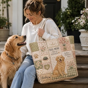 May include: A quilted tote bag featuring a patchwork design with floral patterns, a golden retriever illustration, and the text "DOG MOM life is GOLDEN", "Golden Retriever love", and "Bailey" with paw print and heart icons.