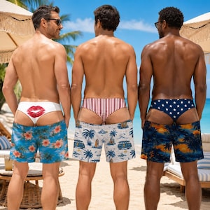 Può includere: Tre costumi da bagno indossati da persone su una spiaggia. Il paio a sinistra è blu con motivi floreali e una fascia bianca in vita con una stampa di labbra rosse. Il paio centrale è bianco con palme e furgoncini, con una fascia a righe rosse e bianche. Il paio a destra è blu scuro con una stampa di palme al tramonto e una fascia blu con stelle bianche.