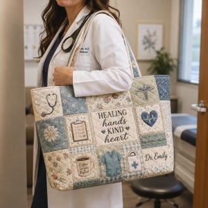 Può includere: Una borsa tote trapuntata con un design patchwork caratterizzato da illustrazioni a tema medico, tra cui uno stetoscopio, una cartella clinica, un battito cardiaco, una tazza, una divisa e una borsa medica. Il pannello centrale riporta il testo HEALING hands KIND heart.