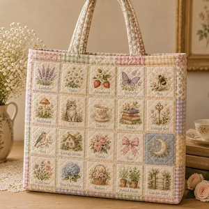 Könnte beinhalten: Eine gesteppte Tragetasche mit einem Raster aus zwanzig quadratischen Feldern, die jeweils eine einzigartige Illustration mit zugehöriger Beschriftung zeigen, darunter Lavender, Daisy, Strawberry, Butterfly, Bee, Mushroom, Cat, Teacup, Books, Vintage Key, Bird, Cottage House, Florals, Bow, Moon, Wildflower, Blue Hydrangea, Baskets, Potted Herbs und Garden Gate.