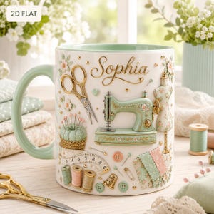 May include: A white ceramic mug with a light green handle and interior, featuring raised 3D-style decorations of sewing tools including gold scissors, a mint green sewing machine, a pincushion, a measuring tape, and the name Sophia in gold script.