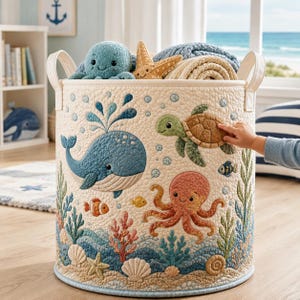 Puede incluir: Una cesta de almacenamiento cilíndrica de tela con textura acolchada y un diseño de temática oceánica. El exterior muestra criaturas marinas bordadas, incluyendo una ballena azul, una tortuga marina verde y un pulpo color coral, rodeados de conchas.