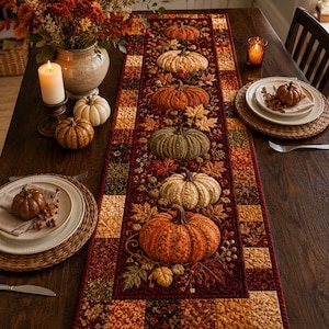 Peut inclure: Un chemin de table matelassé rectangulaire présentant un panneau central avec une rangée verticale de six citrouilles en tissu dans des tons orange, vert et crème, entourées de feuilles d'automne brodées et d'une bordure de petits carrés patchwork.