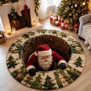 May include: A round Christmas tree skirt featuring a 3D optical illusion of a brick chimney hole. The border displays quilted green pine trees on a cream background. A figure of Santa Claus with a red suit and white beard emerges from the center.
