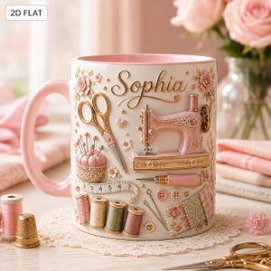 May include: A white ceramic mug with a pink interior and handle, featuring raised 3D-style illustrations of sewing tools including a pink sewing machine, gold scissors, a pincushion, spools of thread, and a measuring tape with the name Sophia.