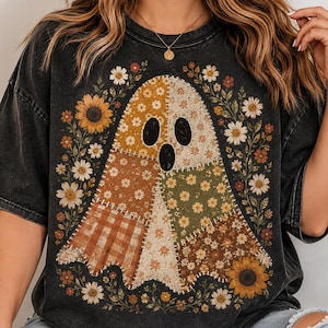 T-shirt patchwork fantôme, T-shirt fleuri d'Halloween, T-shirt vintage cottagecore automne, T-shirt bohème pour la saison des frissons, Cadeau fantôme mignon pour elle