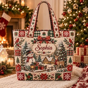 Bolso de mano navideño personalizado con diseño de colcha, bolso de mano con diseño de muñeco de nieve y patchwork con nombre personalizado, bolso de hombro con diseño de ciervo invernal, regalo festivo navideño para ella.