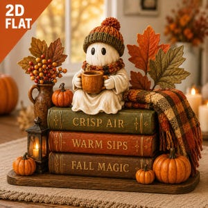 Bloc de bois fantôme café automne, décoration de pile de livres d'automne, décoration d'étagère d'Halloween, fantôme douillet à poser sur une étagère, décoration d'automne citrouille