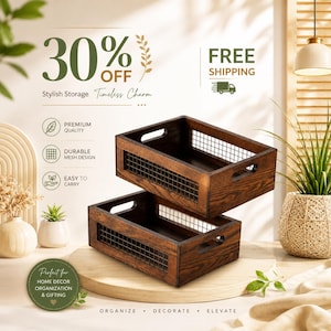 May include: Two rectangular storage crates made of dark stained wood with a visible grain pattern. Each crate features a metal wire mesh grid on the sides and two integrated cutout handles on the ends for carrying. The crates are stacked.