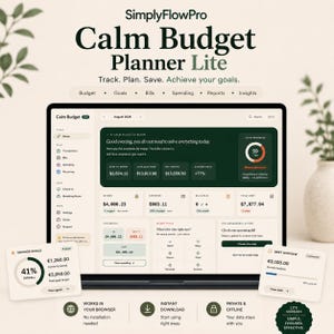 May include: A digital budget planner interface titled SimplyFlowPro Calm Budget Planner Lite displayed on a screen. The dashboard features sections for income, expenses, bills, and savings goals with numerical data, progress rings, and text labels.