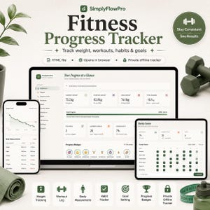 May include: A digital fitness progress tracker software displayed on a laptop, tablet, and smartphone. The interface features weight, workout, and habit tracking modules with data visualisations, progress badges, and goal setting tools in a clean layout.