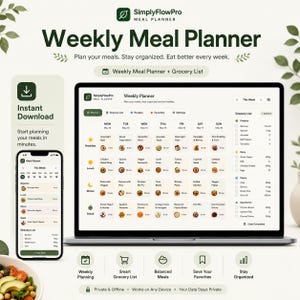 Könnte beinhalten: Eine digitale wöchentliche Essensplaner-Oberfläche, die auf einem Laptop-Bildschirm und einem Smartphone angezeigt wird. Das Layout enthält ein Kalenderraster mit Mahlzeitensymbolen, eine Einkaufsliste und Registerkarten. Text: SimplyFlowPro Meal Planner.