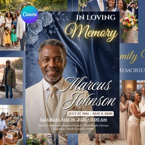 May include: A funeral program template featuring a portrait of a man in a beige suit against a dark blue background with floral accents. Text includes IN LOVING MEMORY, Marcus Johnson, July 27, 1961 - May 8, 2026, and service details.
