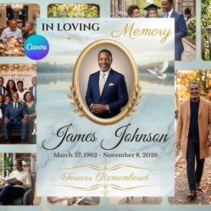 Pode incluir: Um modelo de programa funerário comemorativo com uma moldura oval dourada central contendo o retrato de um homem de terno azul-marinho. O fundo é uma textura de mármore azul-claro com o texto IN LOVING Memory, James Johnson, 27 de março de 1962 - 8 de novembro de 2026, e Forever Remembered.