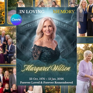 May include: A memorial poster featuring a portrait of a woman in a dark green off-shoulder dress. Text reads: IN LOVING MEMORY, Margaret Wilson, 23 Oct, 1976 – 13 Jan, 2026, Forever Loved & Forever Remembered. The background shows a bridge and roses.