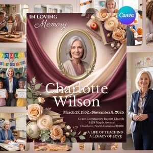 May include: A memorial announcement featuring a portrait of a woman in a gold oval frame, draped in burgundy and cream fabric. It includes the text Charlotte Wilson, March 27, 1962 - November 8, 2026, and Grace Community Baptist Church details.