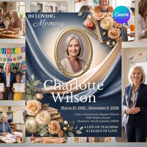 May include: A memorial funeral program featuring a portrait of a woman in an oval gold frame, with the text In Loving Memory, Charlotte Wilson, March 27, 1962 - November 8, 2026, and Grace Community Baptist Church, 1428 Maple Avenue, Charlotte, North Carolina 28208.