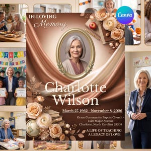 May include: A memorial funeral program template featuring a portrait of a woman in a gold oval frame, surrounded by beige fabric drapes, roses, and books. Text reads: In Loving Memory, Charlotte Wilson, March 27, 1962 - November 8, 2026.