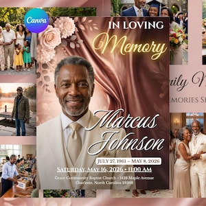May include: A funeral programme template featuring a portrait of a man in a beige suit, with the text IN LOVING MEMORY, Marcus Johnson, July 27, 1961 - May 8, 2026, Saturday, May 16, 2026, 11:00 AM, and Grace Community Baptist Church, Charlotte, North Carolina.