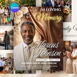 Könnte beinhalten: Eine Vorlage für ein Trauerprogramm mit dem Porträt eines Mannes in beigem Anzug und Krawatte. Der Text lautet IN LOVING Memory, Marcus Johnson, July 27, 1961 - May 8, 2026, Saturday, May 16, 2026, 11:00 AM, Grace Community Baptist Church, Charlotte, NC.