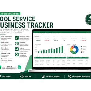 May include: A digital pool service business tracker spreadsheet displayed on a laptop screen. The interface features a dashboard with a bar chart for monthly revenue, a pie chart for service types, and tables for recent services and expenses.