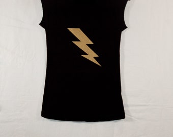 Women's Black T Shirt with Gold Lightning Bolt