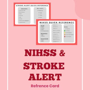 Puede incluir: Una tarjeta de referencia digital rosa con dos gráficos rectangulares blancos titulados Stroke Alert Quick Reference y NIHSS Quick Reference. El texto incluye criterios de evaluación médica, escalas de puntuación y el acrónimo B.E. F.A.S.T. en negro.