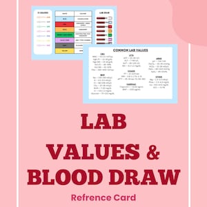 Op de afbeelding: Een digitale referentiekaart met een medische tabel, IV-meters, kleuren voor bloedafnamebuisjes en algemene laboratoriumwaarden. De tekst bevat koppen zoals IV GAUGES, LAB DRAW, COMMON LAB VALUES en LAB VALUES & BLOOD DRAW op een roze achtergrond.