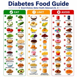 May include: A Diabetes Food Guide chart titled Smart Choices. Better Health. Balanced Life. The chart is divided into three vertical columns labelled Eat with a green check, Limit with an exclamation mark, and Avoid with a red X, listing foods.