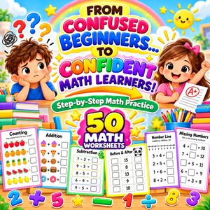 May include: A colorful educational set titled From Confused Beginners to Confident Math Learners featuring 50 math worksheets. The set includes illustrated pages for counting, addition, subtraction, number lines, and missing numbers.