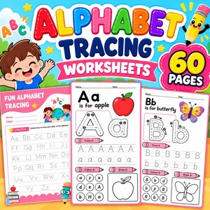 May include: Alphabet tracing worksheets featuring 60 pages of educational content. The cover displays colorful text, a cartoon child, and a pencil character. Three sample pages show letter tracing exercises for A and B with illustrations of an apple and a butterfly.