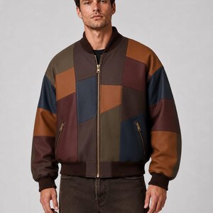 Giacca bomber da uomo vintage in pelle patchwork, oversize, squadrata, retrò, multicolore, streetwear