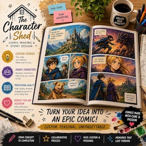 Puede incluir: Un libro de cómic abierto con coloridas ilustraciones estilo anime de personajes, un castillo y un dragón, junto a globos de texto. La página incluye el título The Character Shed Comic Making & Story Design y varios textos promocionales.