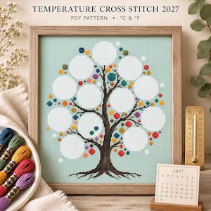 Könnte beinhalten: Ein gerahmtes Kreuzstichmuster mit dem Titel TEMPERATURE CROSS STITCH 2027 PDF PATTERN • °C & °F, das einen Baum mit weißen kreisförmigen Feldern für Daten zeigt, umgeben von bunten Punkten auf hellgrünem Grund, mit Stickgarn und einem Thermometer.