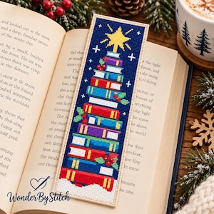 Christmas Books Cross Stitch Bookmark Pattern, Book Stack Cross Stitch, Book Lover Bookmark, Reading Gift, Winter PDF Pattern