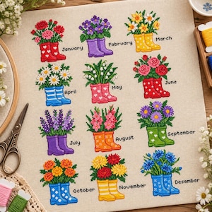 May include: A cross-stitch sampler on beige fabric featuring twelve monthly motifs of flowers in rain boots. Each month is labeled with its name, including January, February, March, April, May, June, July, August, September, October, November, and Desember.