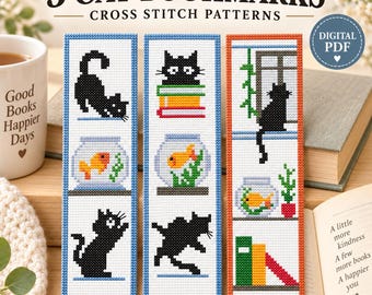 May include: Three vertical cross stitch patterns featuring cats and fish bowls. The first shows a black cat and a goldfish bowl. The second displays a black cat on books and a goldfish bowl. The third depicts a black cat on a window sill.