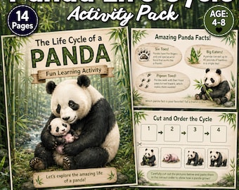 May include: A 14-page Panda Life Cycle Activity Pack for ages 4-8. The educational set includes a cover with a panda mother and cub, a page of Amazing Panda Facts, and a Cut and Order the Cycle worksheet featuring panda growth stages.