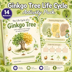 May include: A Ginkgo Tree Life Cycle activity pack featuring 14 worksheets for pre-k to 2nd grade. The cover shows a ginkgo tree with green and yellow leaves, a seed, and a sprout. Includes fact sheets about dinosaurs and trees, plus cut-out activities.