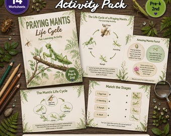 May include: A Praying Mantis Life Cycle activity pack featuring 14 worksheets with educational illustrations of mantis development stages, including egg cases, hatchlings, nymphs, and adults, with text labels and matching exercises on paper sheets.