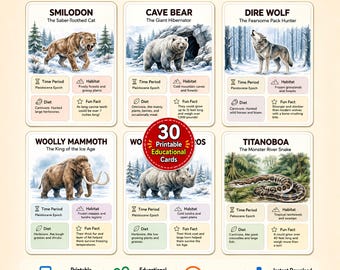 May include: A set of printable educational flashcards titled Prehistoric Animals Flashcards featuring illustrations of a Smilodon, Cave Bear, Dire Wolf, Woolly Mammoth, Woolly Rhinoceros, and Titanoboa with text detailing time periods, habitats, and diets.