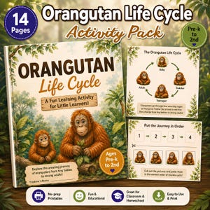 Może przedstawiać: 14-stronicowy pakiet edukacyjny o cyklu życia orangutana dla dzieci od przedszkola do drugiej klasy. Okładka przedstawia dwa orangutany w dżungli z napisem Orangutan Life Cycle oraz A Fun Learning Activity for Little Learners i diagramami cyklu.