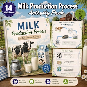 Puede incluir: Un paquete de actividades sobre el proceso de producción de leche con 14 hojas de trabajo. La portada muestra una vaca, un cartón de leche y un cántaro de metal. Incluye páginas educativas sobre el viaje de la leche y datos curiosos.
