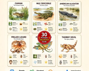 May include: A set of printable educational flashcards featuring illustrations of reptiles including a caiman, Nile crocodile, American alligator, frilled lizard, and thorny devil. Each card displays the animal name, habitat, diet, behavior, and a fun fact.