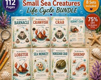 May include: A digital bundle of 112 pages featuring eight educational workbooks about the life cycles of a barnacle, crawfish, crab, hermit crab, lobster, sea monkey, horseshoe crab, and shrimp, with illustrations and text for ages 4-8.