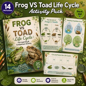 May include: A Frog VS Toad Life Cycle activity pack featuring 14 worksheets for Pre-k to 2nd grade. The set includes a cover page with a frog and toad illustration, a life cycle comparison chart, an amazing facts sheet, and a cut and paste activity.