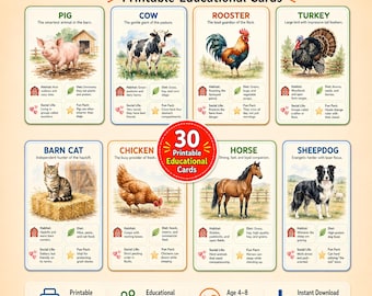 May include: A set of 30 printable educational flashcards titled Farm Animals Flashcards, featuring illustrations of a pig, cow, rooster, turkey, cat, chicken, horse, and sheepdog with descriptive text, habitat, diet, and fun facts for each animal.