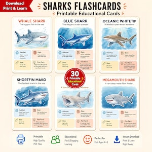 May include: A set of 30 printable educational flashcards titled Sharks Flashcards, featuring illustrations of various shark species including the whale shark, blue shark, oceanic whitetip, shortfin mako, and megamouth shark with facts.