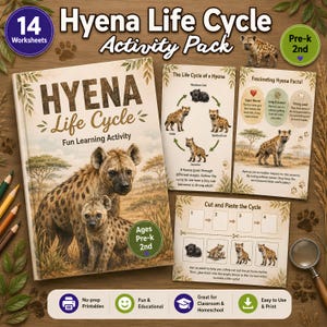 Peut inclure: Un pack d'activités sur le cycle de vie de la hyène de 14 pages pour les niveaux pré-maternelle à CE1. L'ensemble comprend une couverture de cahier avec des hyènes, un diagramme du cycle de vie, une fiche de faits et une activité de découpage.