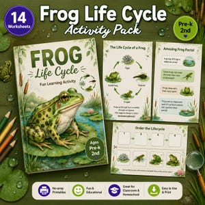 May include: A Frog Life Cycle Activity Pack featuring 14 worksheets for Pre-k to 2nd grade. The set includes a book cover with a green frog on a lily pad, a life cycle diagram, a fact sheet, and a cut-and-paste ordering activity page.